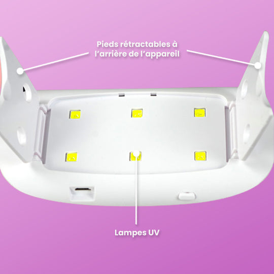 fonctionnalités arrière de la mini lampe uv ongles : ampoules UV et pieds réctractables pour un rangement facile